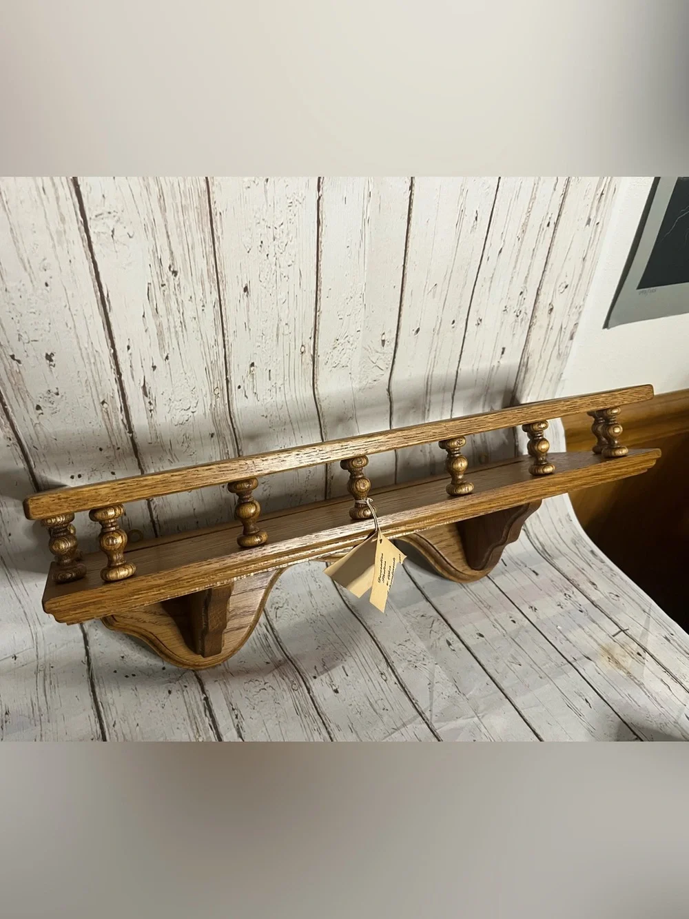 Vtg Spindle Rail Solid Oak Wood Wall Mounted Shelf 18” With Tag